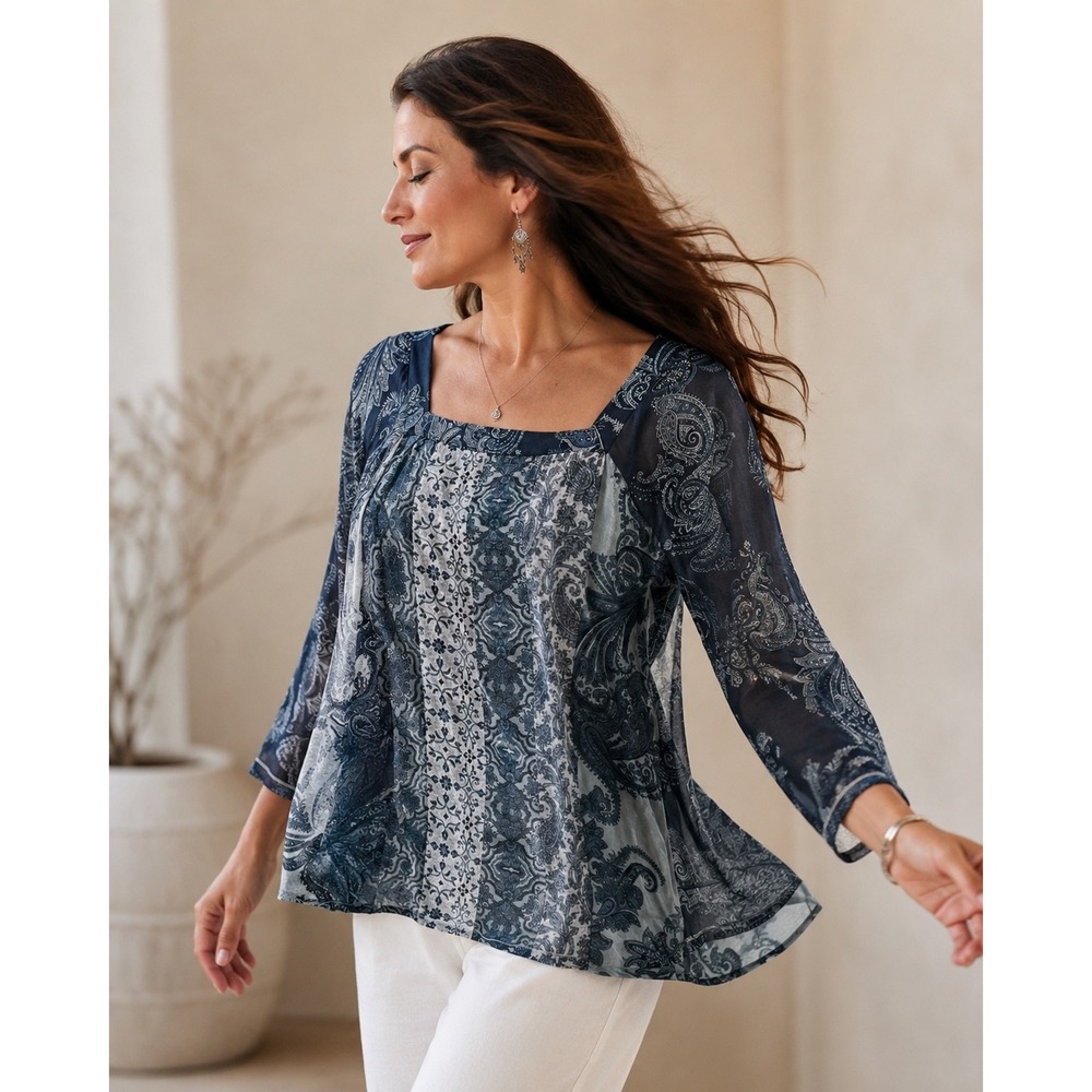 One‎ World Women 3X Blue Paisley Mixed Print Square Neck patchwork Boho Top NWT